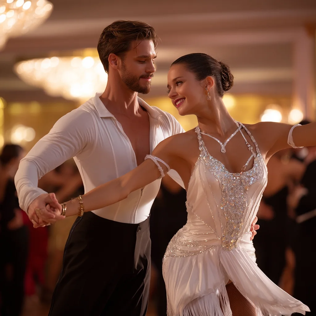 Dancers in white ballroom dance attire take Mambo dance lessons in Raleigh, NC.