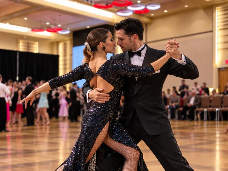 a couple in formal dance wear demonstrate Latin dance lessons at a dance studio in Raleigh, NC.