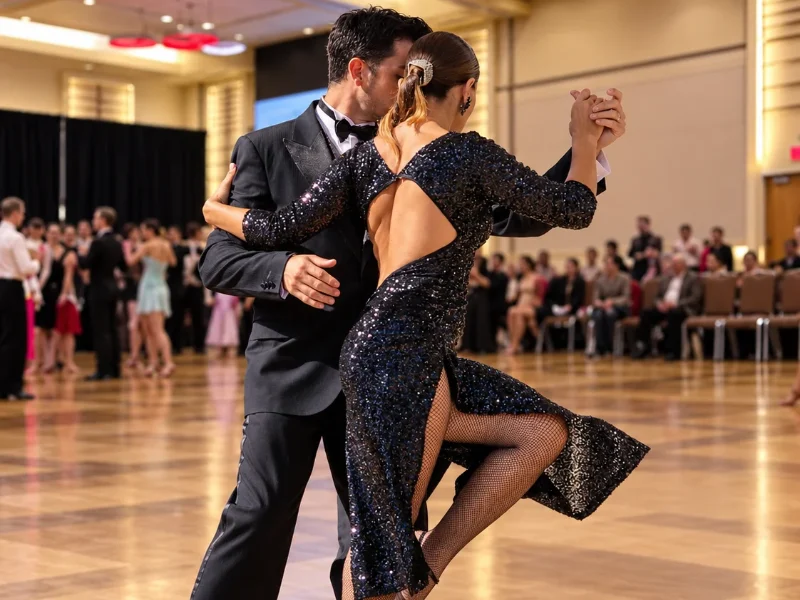 a couple in formal dance wear demonstrate Latin dance lessons in Raleigh, NC.