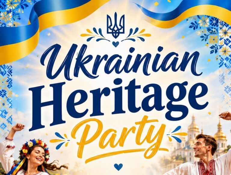 Ukrainian Heritage Party flyer with sunflowers and blue and yellow colors, August 21 event at Fred Astaire Dance Studios Saratoga Springs