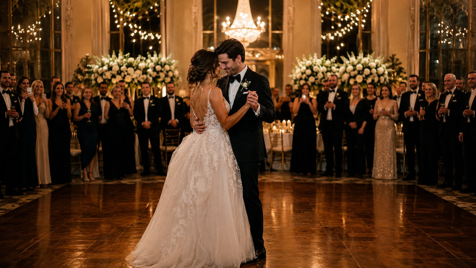 Bride and groom share their first dance surrounded by elegantly dressed wedding guests in a grand ballroom, highlighting the romance and elegance of wedding dance lessons in Saratoga Springs.