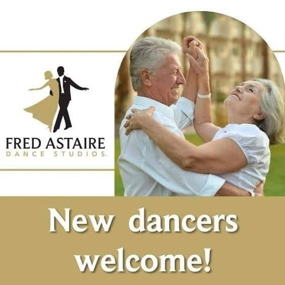 Fred Astaire Dance Studios ad showing a smiling older couple dancing outdoors, a good example of posture in ballroom dancing, with the text “New dancers welcome!”