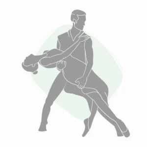 Illustration of a ballroom dance couple performing a graceful move, representing dance lessons in Saratoga Springs.