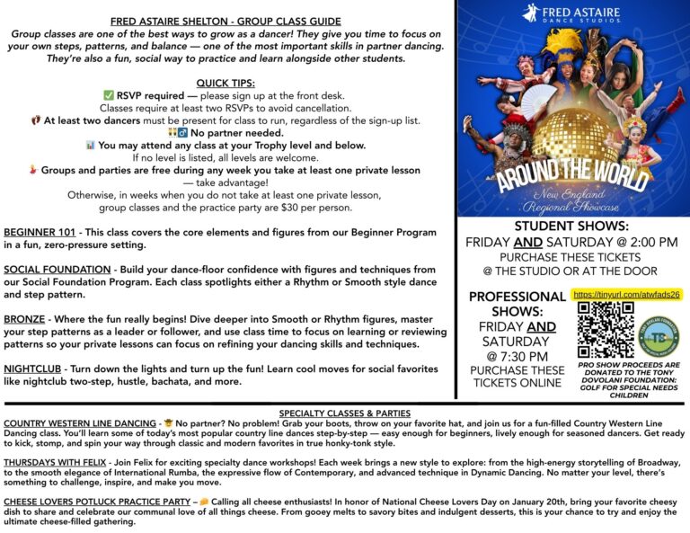 Ballroom dance class descriptions for Fred Astaire Dance Studios in Shelton, CT. Includes Beginner 101, Social Foundation, Bronze levels, Nightclub dancing, and Country Western Line Dancing.
