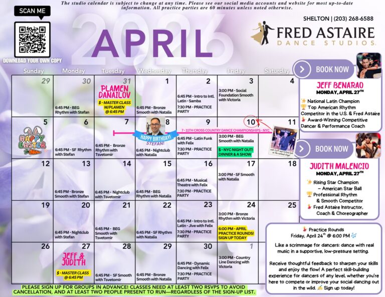 April ballroom dance group class calendar at Fred Astaire Dance Studios Shelton featuring salsa, swing, and beginner dance classes in Shelton, Connecticut.