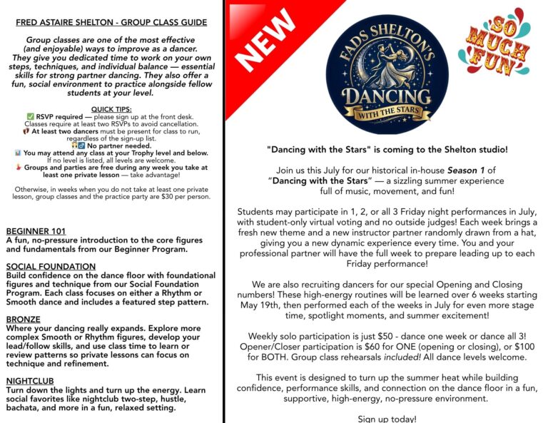 Group Class Guide and Dancing with the Stars Event Details for Fred Astaire Shelton CT