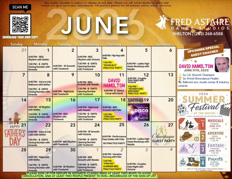 June 2026 ballroom dance group class calendar at Fred Astaire Dance Studios Shelton featuring beginner and intermediate classes in a variety of dance styles