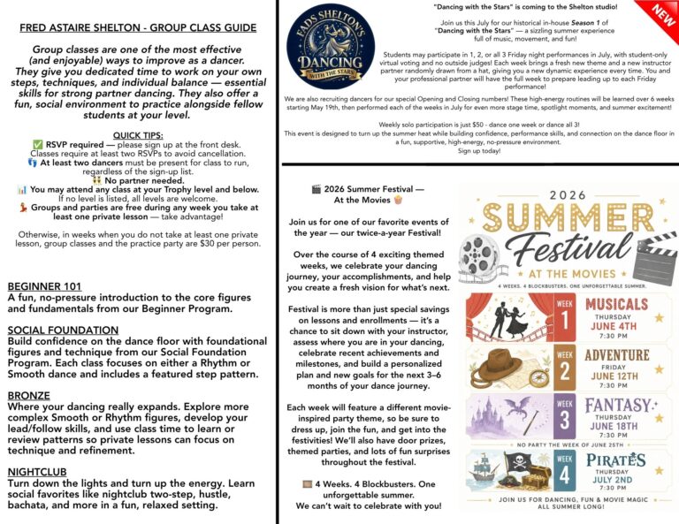 Group class guide, Summer Festival information, and Dancing with the Stars event details at Fred Astaire Dance Studios Shelton, CT