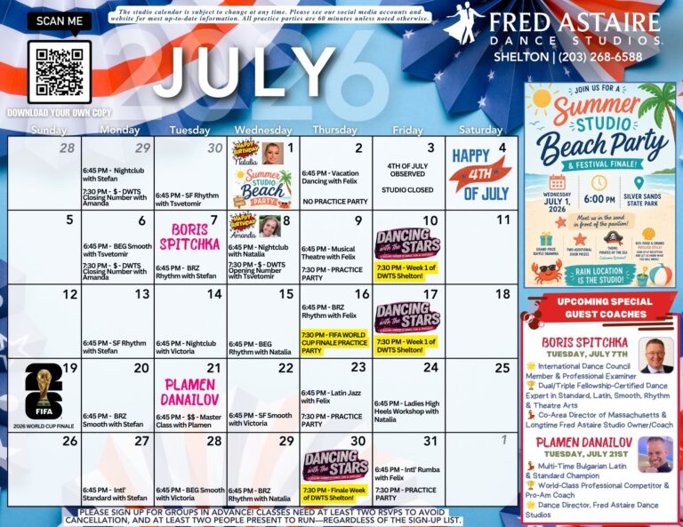 July 2026 ballroom dance group class calendar at Fred Astaire Dance Studios Shelton, CT featuring ballroom, Latin, social dance classes, practice parties, guest coaches, and special studio events.