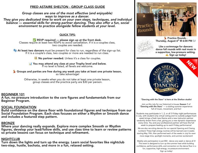 Group class guide, practice rounds, and Dancing with the Stars information at Fred Astaire Dance Studios Shelton, CT