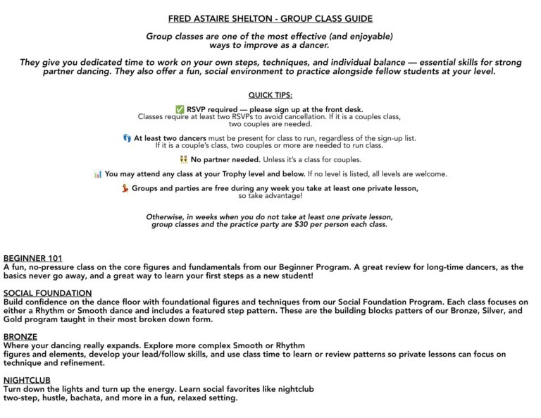 Group class guide explaining ballroom dance program levels at Fred Astaire Dance Studios Shelton, CT, including Beginner 101, Social Foundation, Bronze, and Nightclub classes.