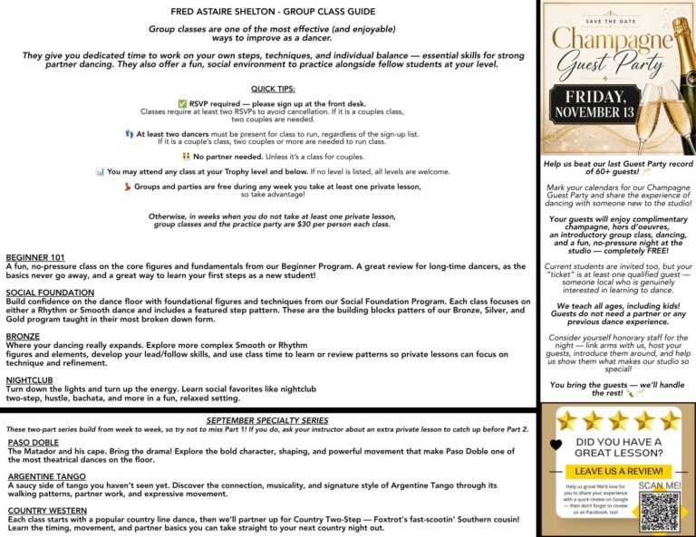 September 2026 group class guide for Fred Astaire Dance Studios Shelton, CT explaining Beginner 101, Social Foundation, Bronze, Nightclub, and specialty ballroom dance classes.
