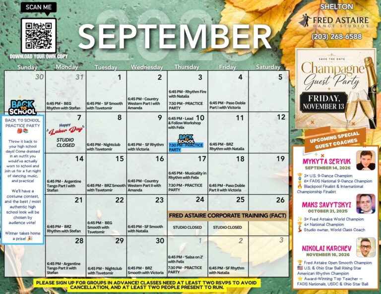September 2026 group class calendar at Fred Astaire Dance Studios Shelton, CT featuring ballroom and Latin dance classes, practice parties, specialty classes, guest coaches, and studio events.