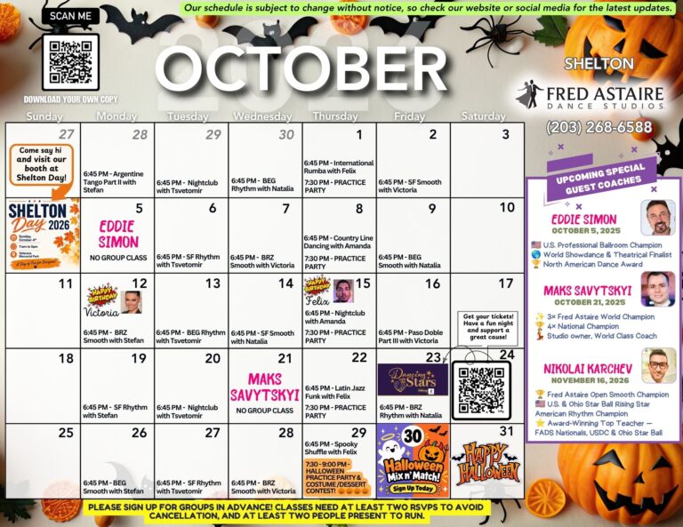 Fred Astaire Dance Studios Shelton CT October 2026 dance calendar with group classes, practice parties, Halloween events, guest coaches, and specialty classes.
