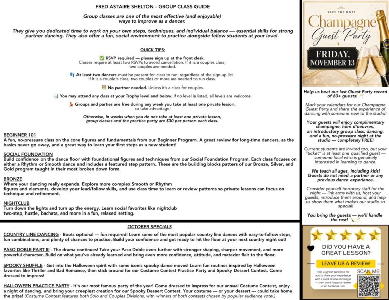 October 2026 group class guide for Fred Astaire Dance Studios Shelton CT featuring Beginner 101, Social Foundation, Bronze, Nightclub, specialty classes, and Champagne Guest Party information.