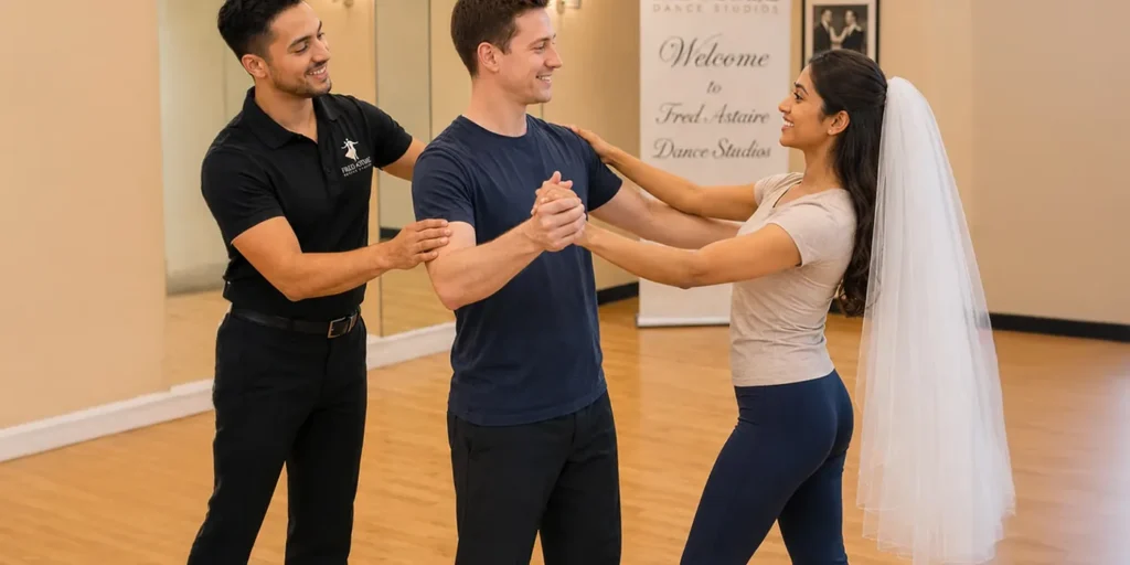 Dance instructor guiding a couple through a polished first dance lesson.