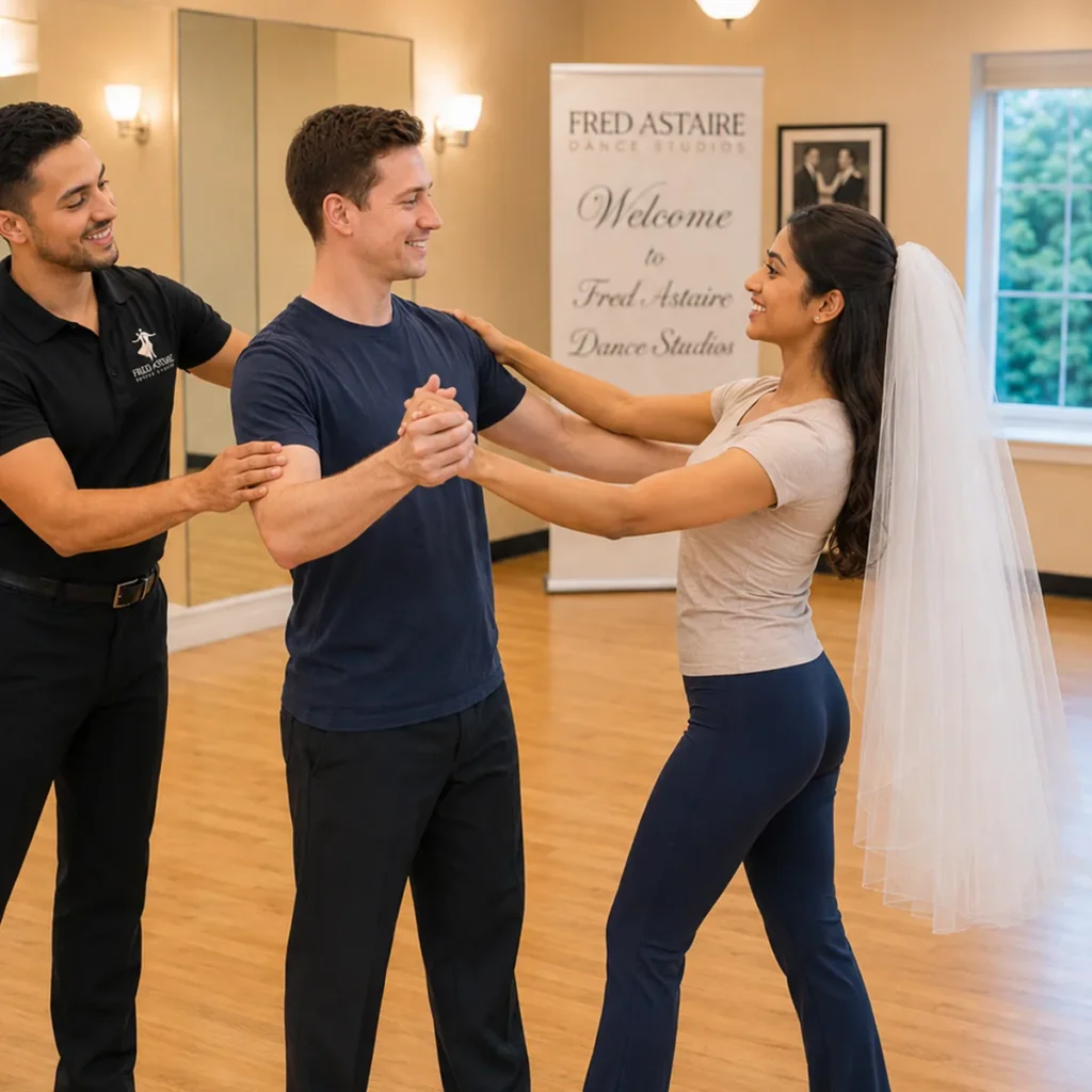 Instructor helping couple choose wedding dance style