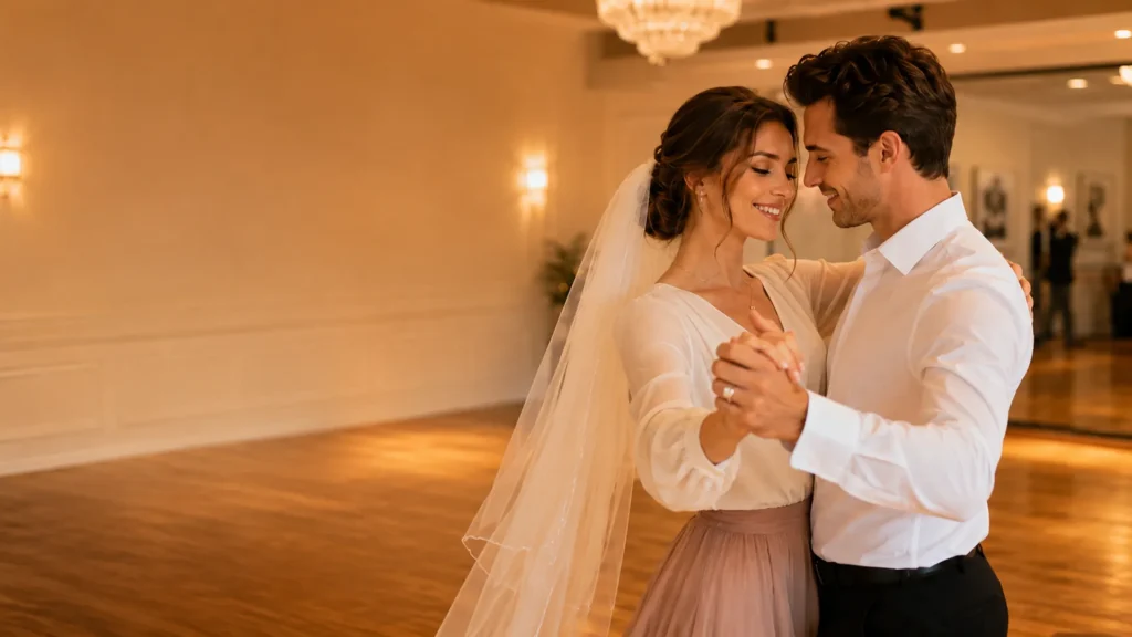 Couple practicing simple first dance at Solana Beach dance studio