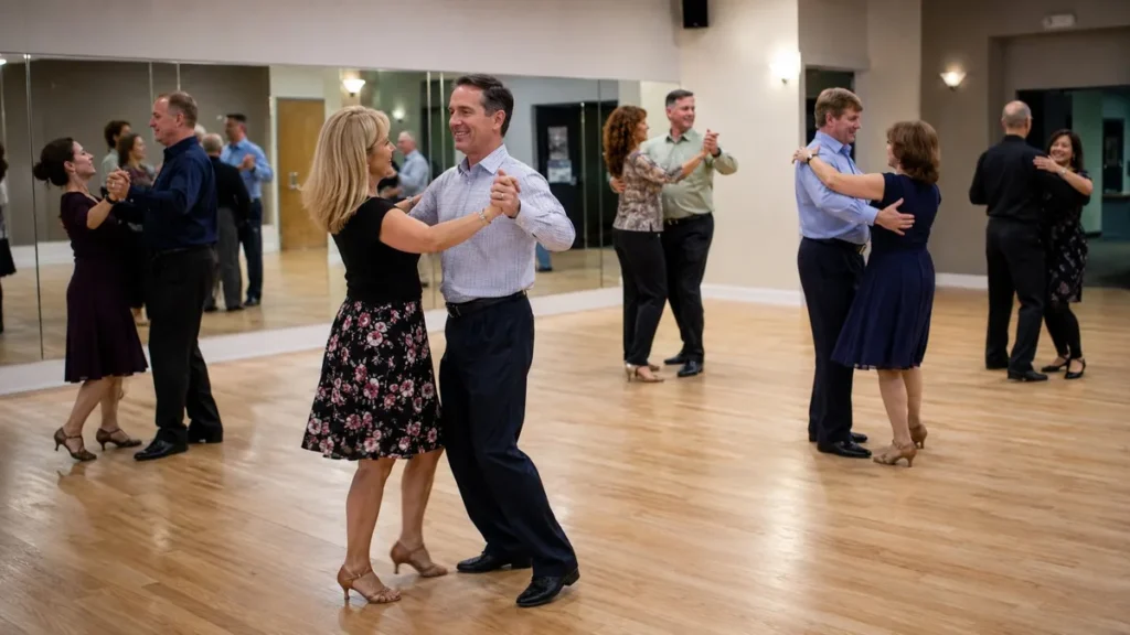 Couple practicing Quickstep during a dance lesson in Solana Beach.