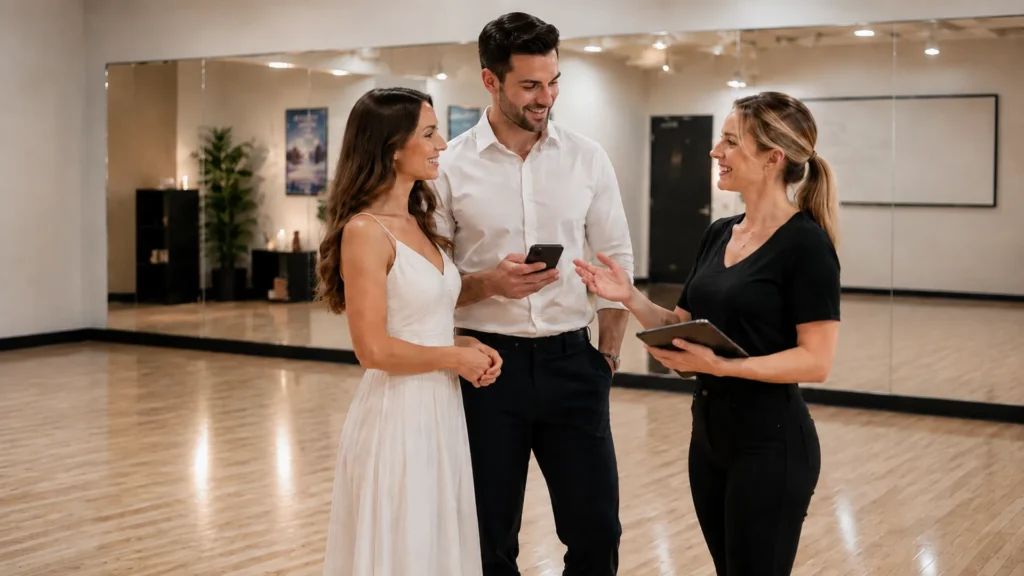 Couple planning wedding first dance lessons with dance teacher in Solana Beach