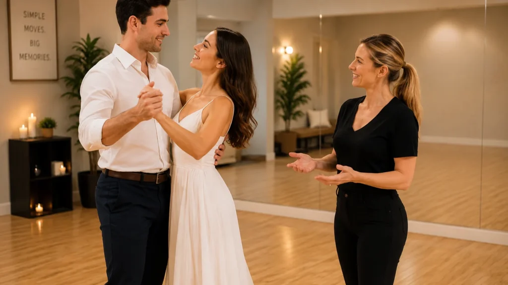 Couple practicing a simple last-minute wedding dance with instructor guidance.