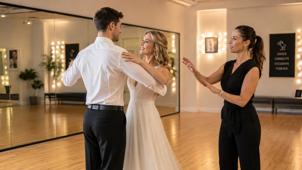 Wedding dance instructor helping a couple practice their first dance in a studio.