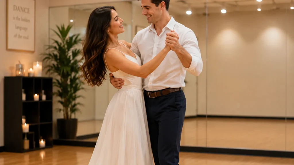 Couple practicing a personalized first dance that fits their comfort level.