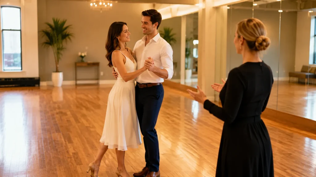 Couple practicing their wedding dance early with instructor guidance.