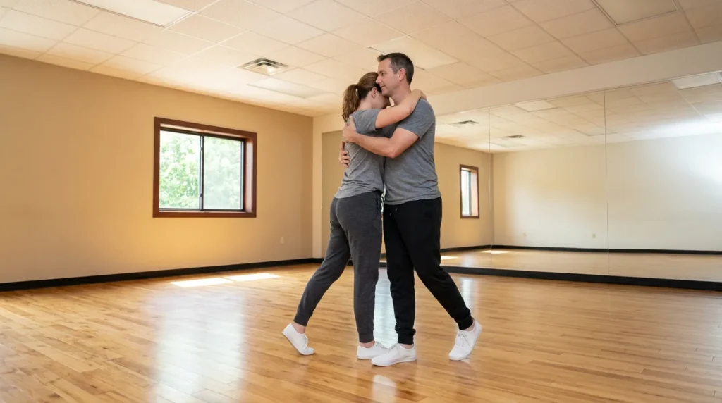 Couple dancing Argentine tango in a Solana Beach studio