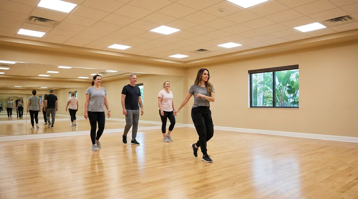 Instructor demonstrating bachata technique to a student in Solana Beach