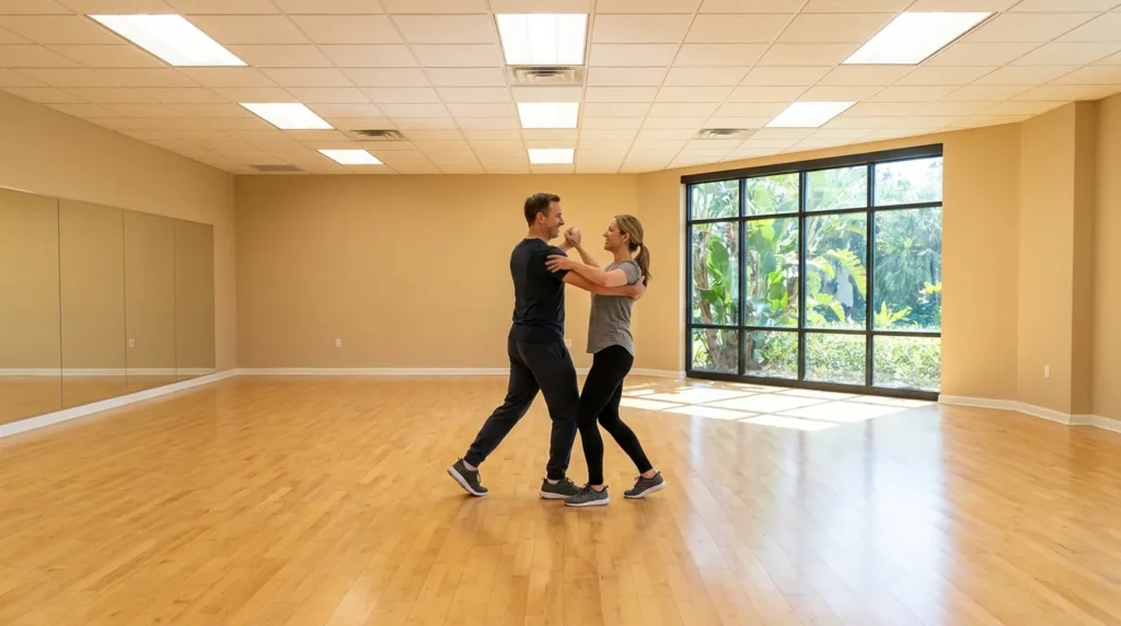 Couple dancing ballroom in a Solana Beach studio