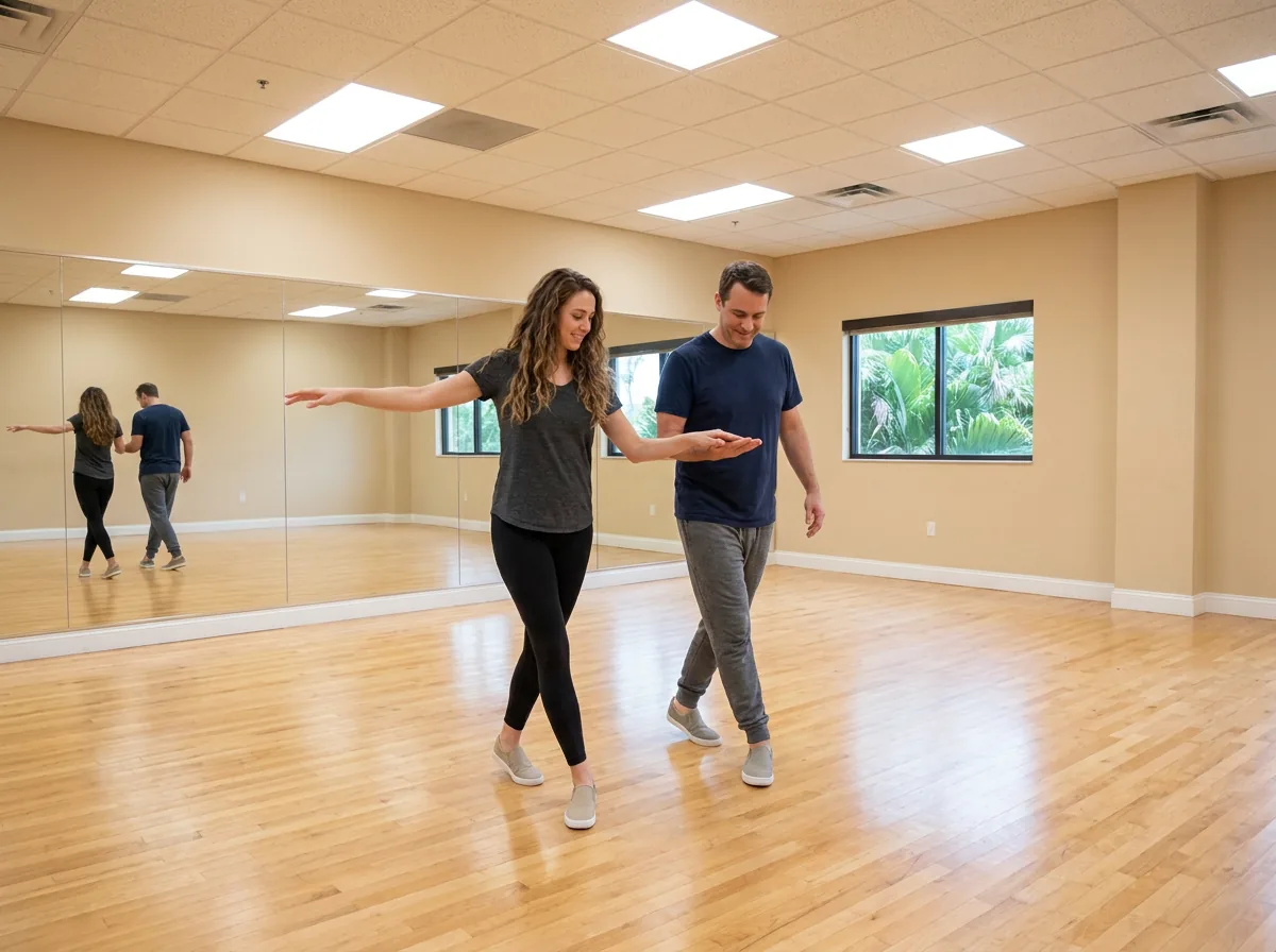 Beginner learning Argentine tango basics with an instructor in Solana Beach