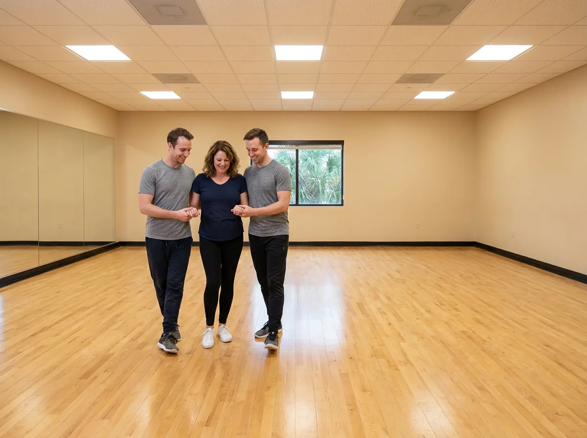 Beginner learning bachata basics with an instructor in Solana Beach
