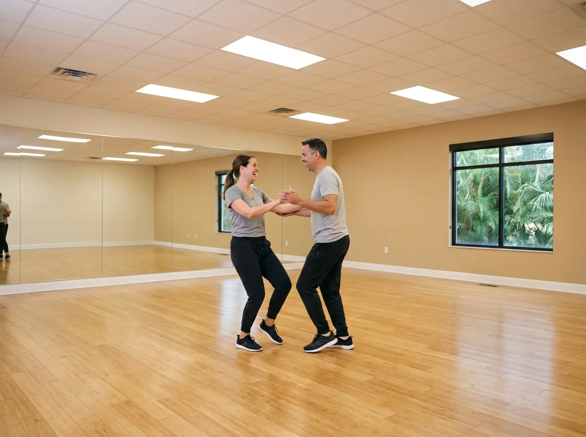 Beginner learning cha cha basics with an instructor in Solana Beach