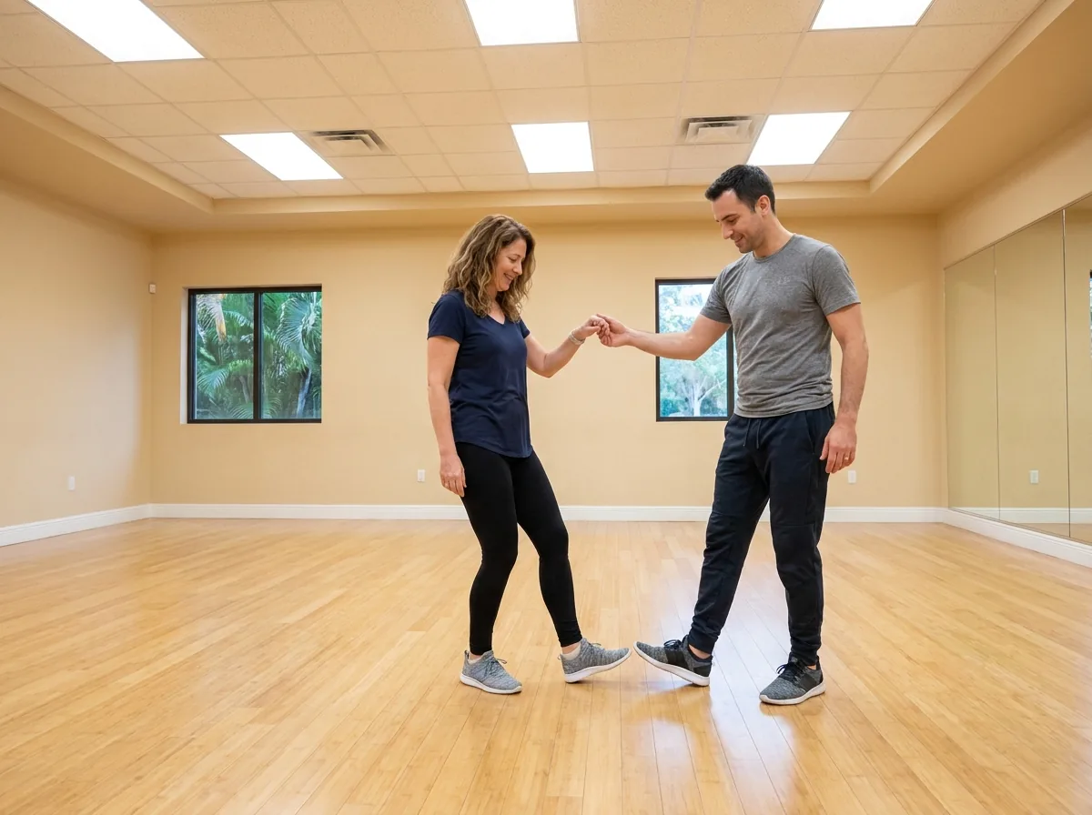 Beginner learning country two step basics with an instructor in Solana Beach