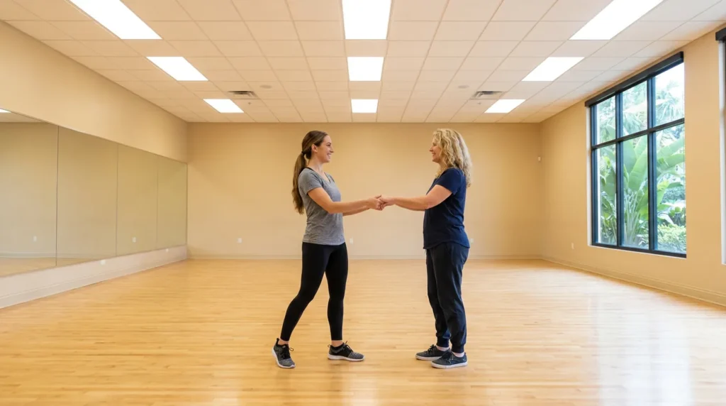 Female ballroom dance instructor teaching beginner footwork to an adult student at Solana Beach Dance Studio