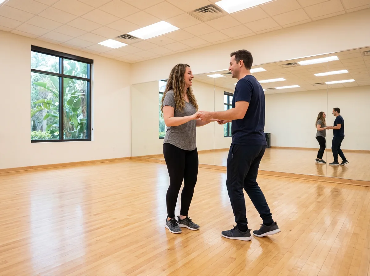 Beginner learning jive basics with an instructor in Solana Beach