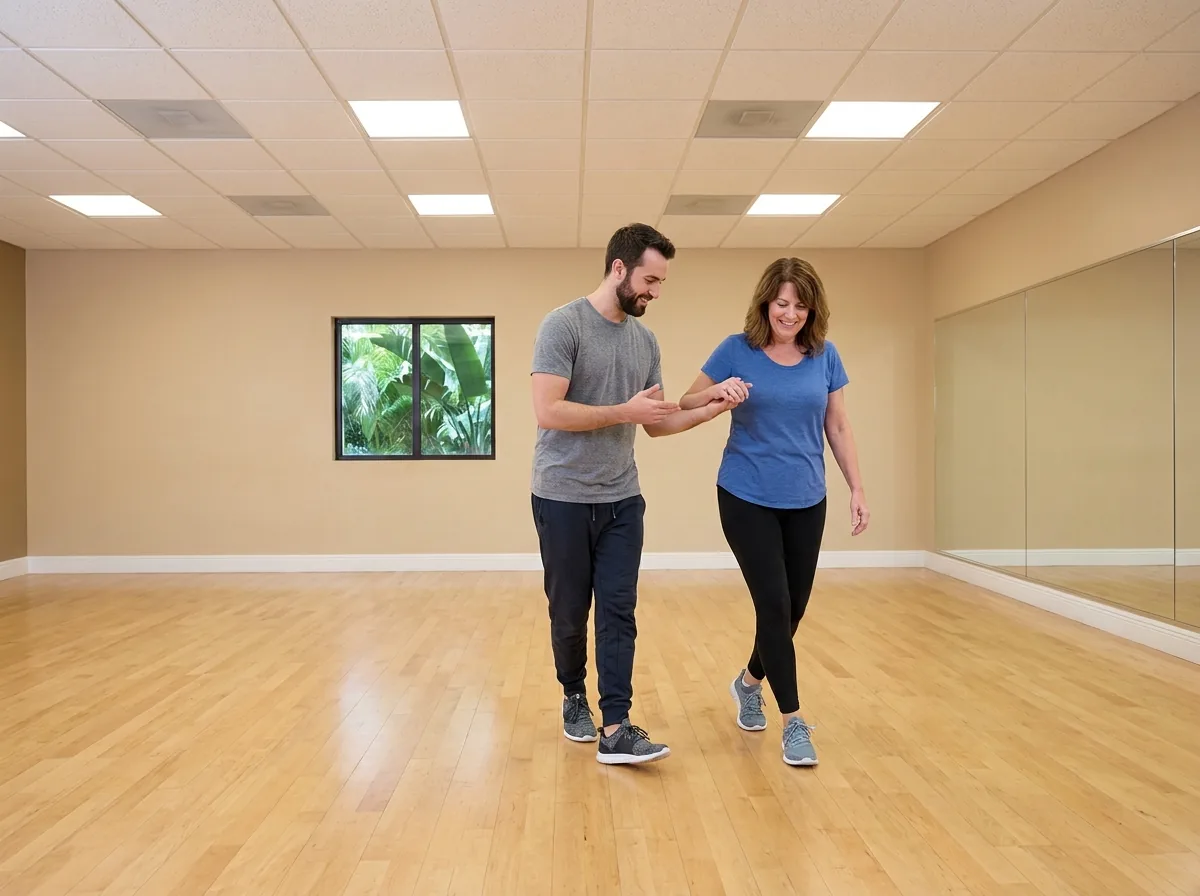 Beginner learning nightclub two step basics with an instructor in Solana Beach