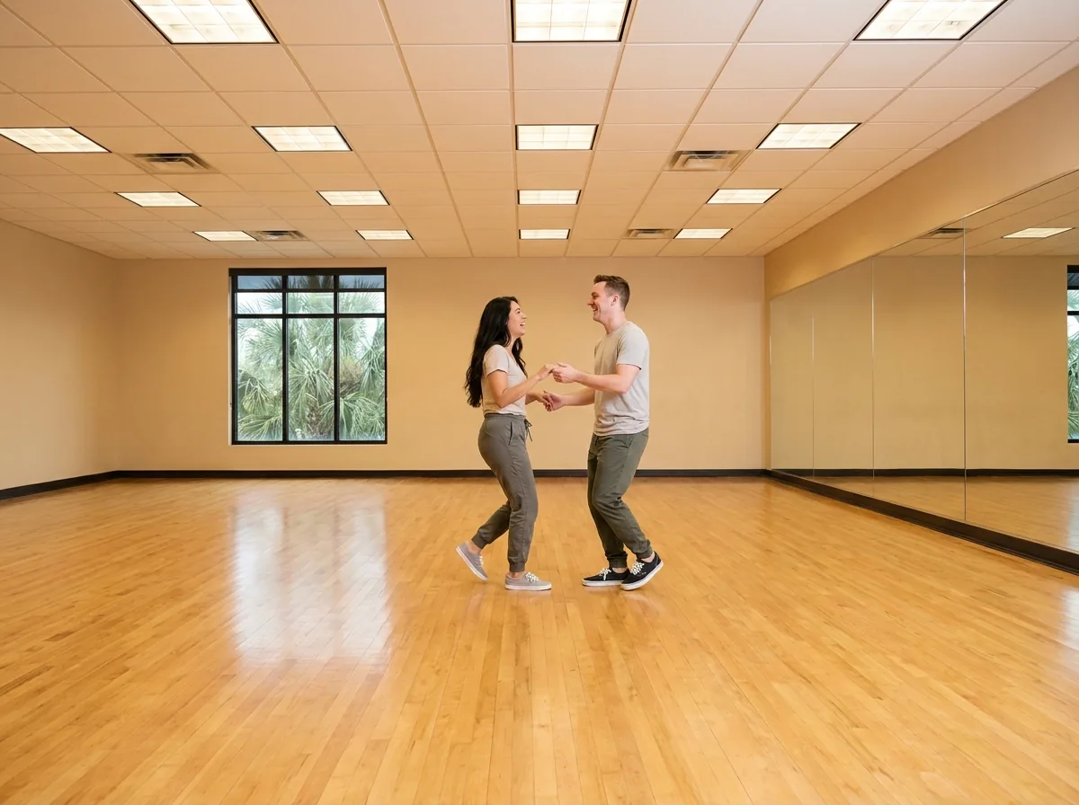 Beginner learning east coast swing basics with an instructor in Solana Beach