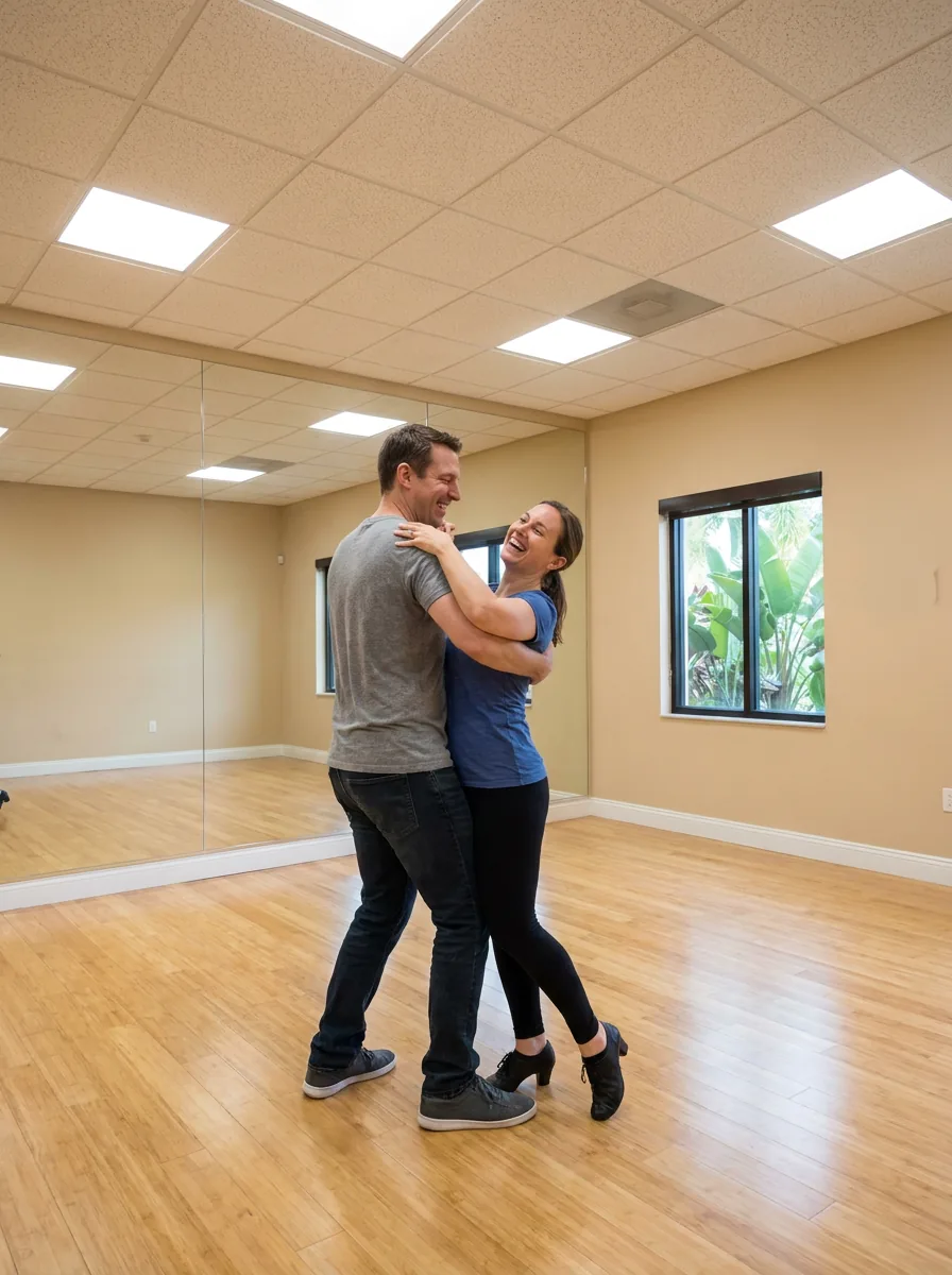 Beginner learning tango basics with an instructor in Solana Beach