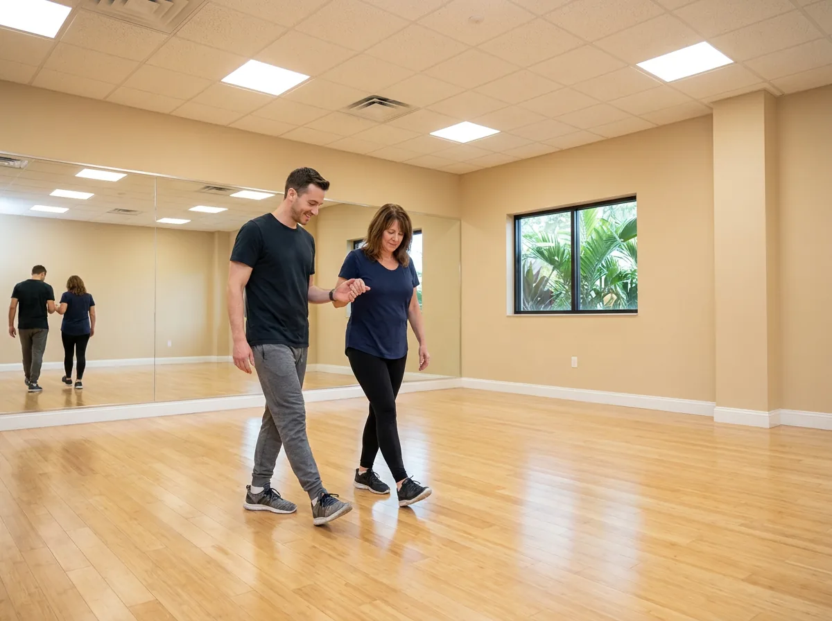 Beginner learning waltz basics with an instructor in Solana Beach