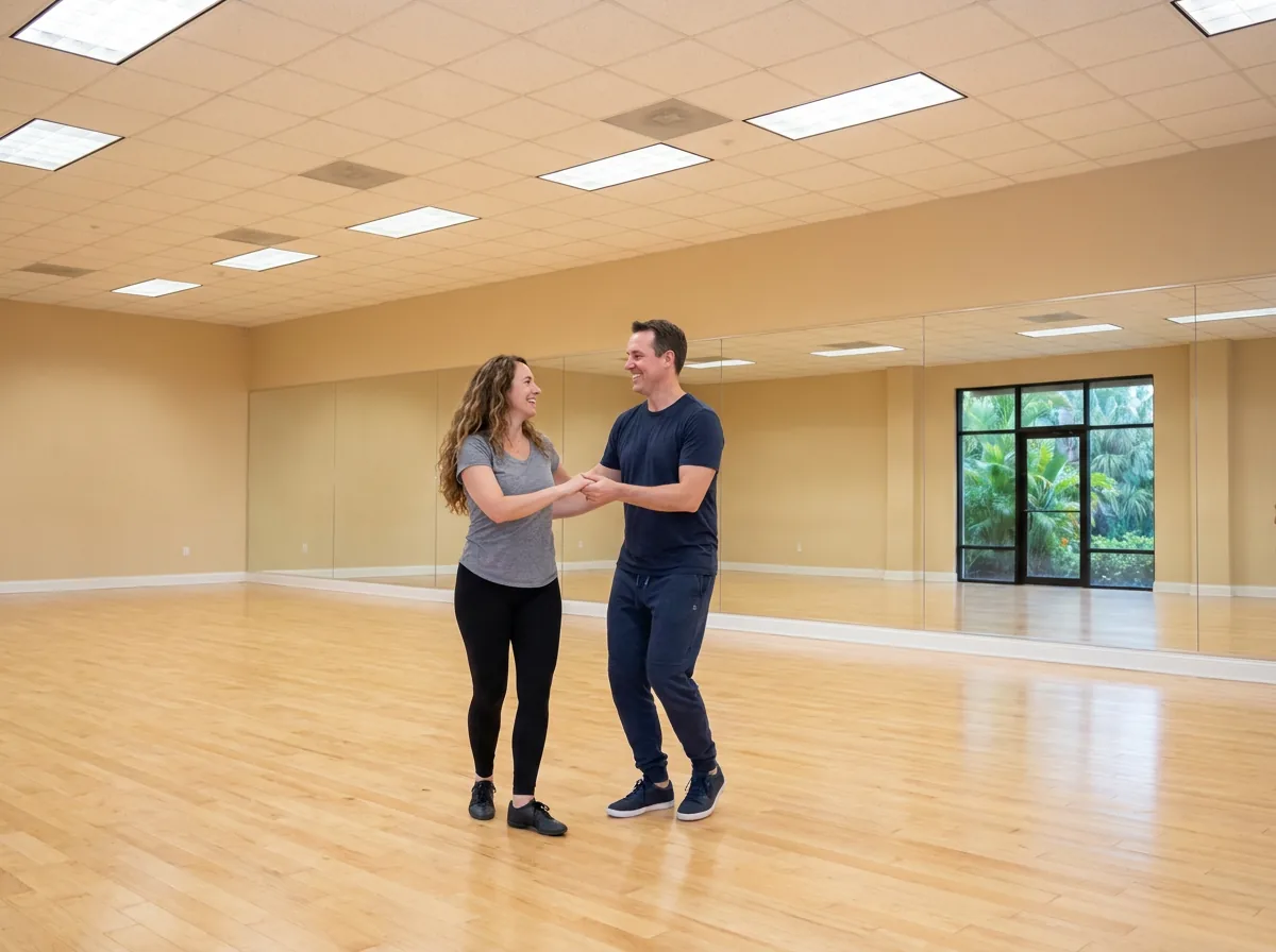 Beginner learning west coast swing basics with an instructor in Solana Beach