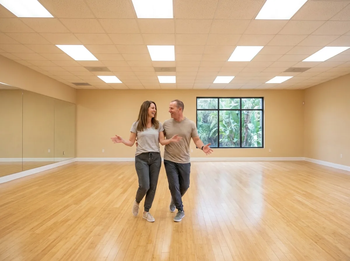 Adult student building confidence in a cha cha lesson in Solana Beach