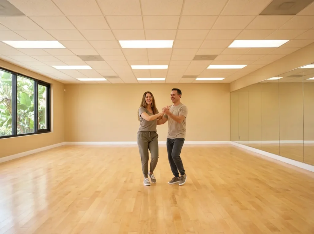 Couple dancing cha cha in a Solana Beach studio