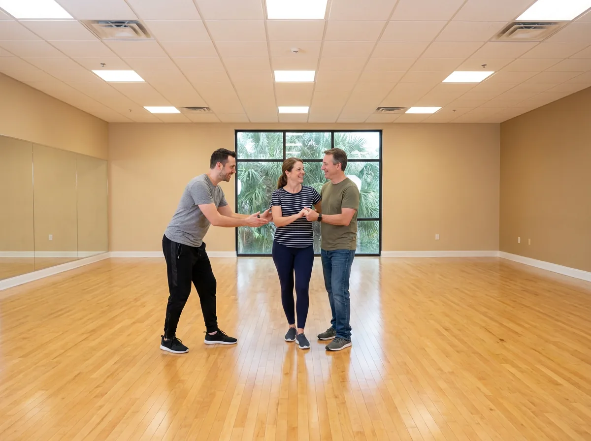 Instructor demonstrating cha cha technique to a student in Solana Beach