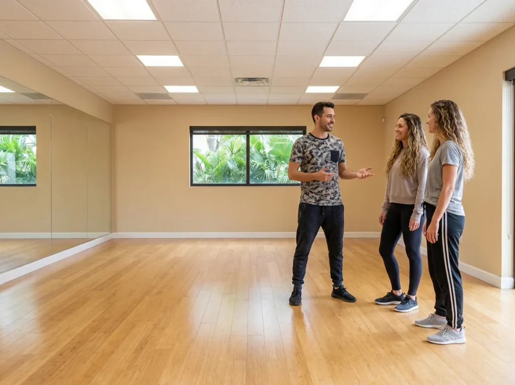 Instructor helping a student choose which ballroom dance style to start with