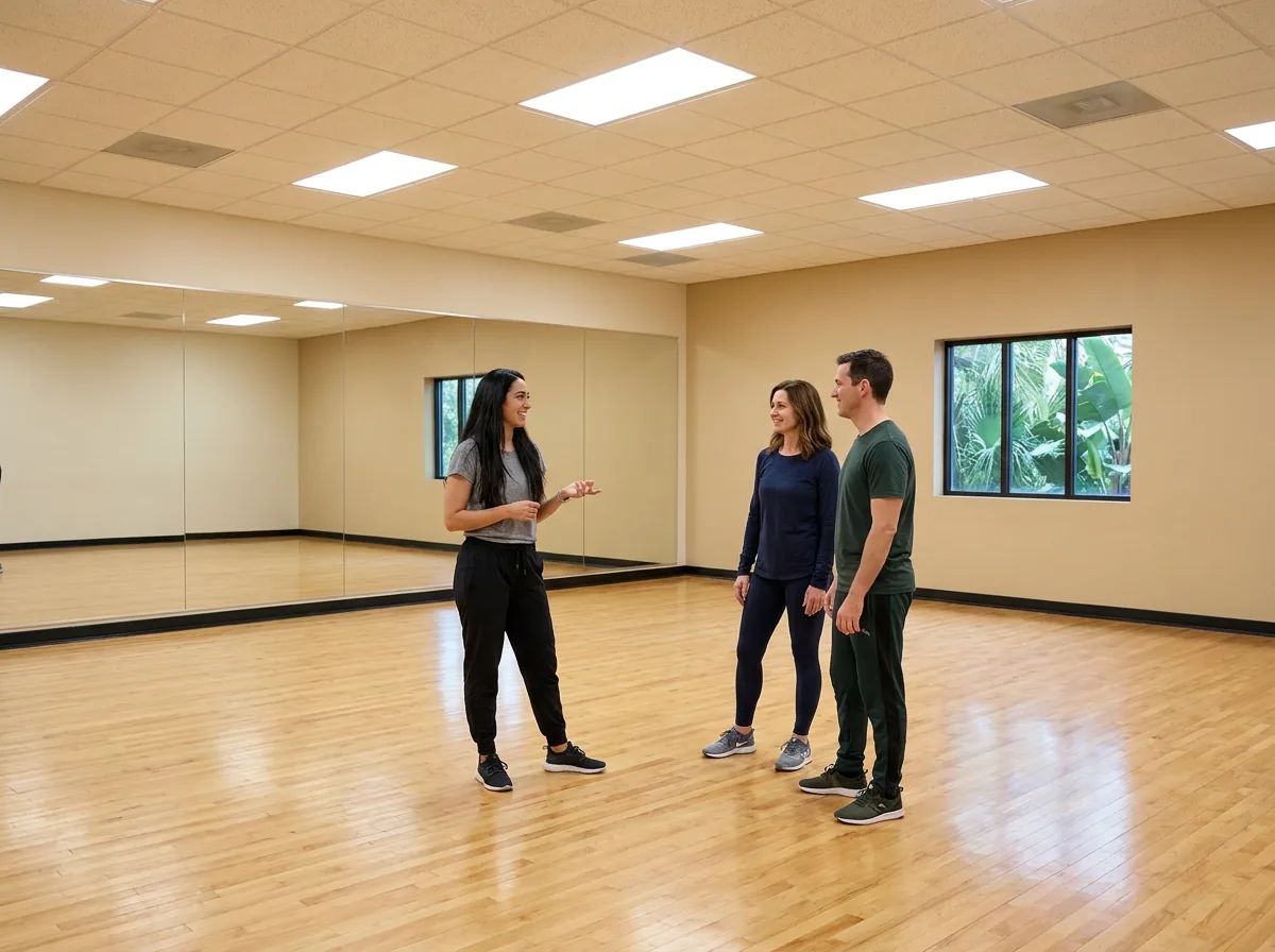 Instructor helping a student choose a dance program