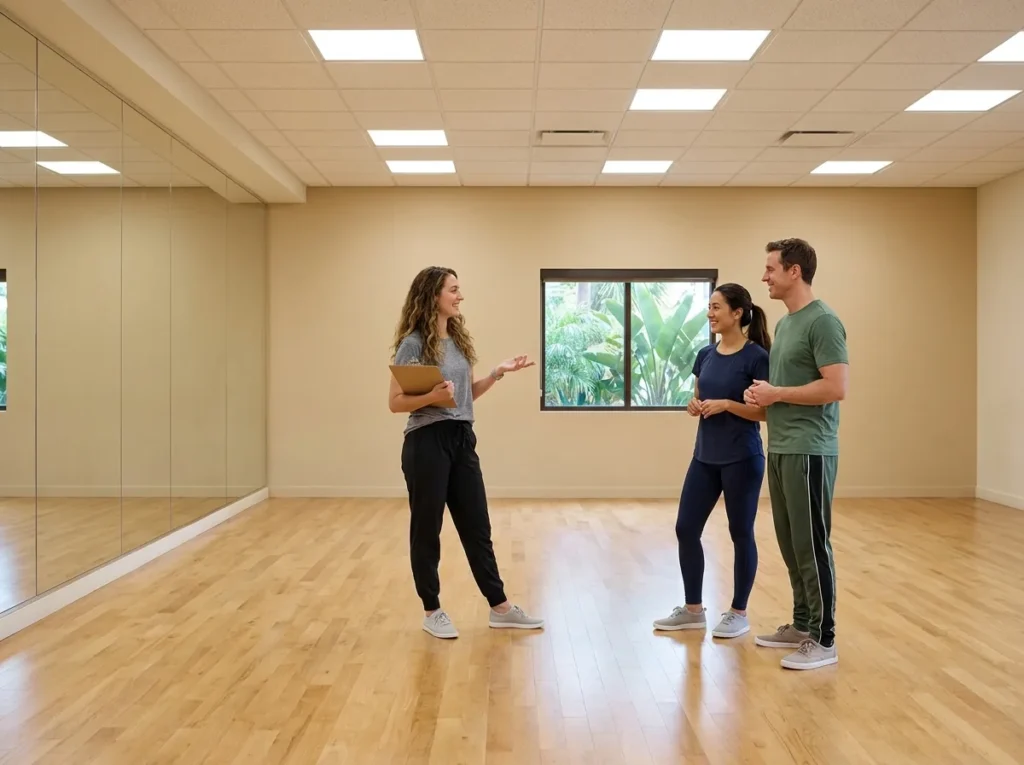 Instructor helping a student choose a smooth ballroom style at Fred Astaire Dance Studios Solana Beach