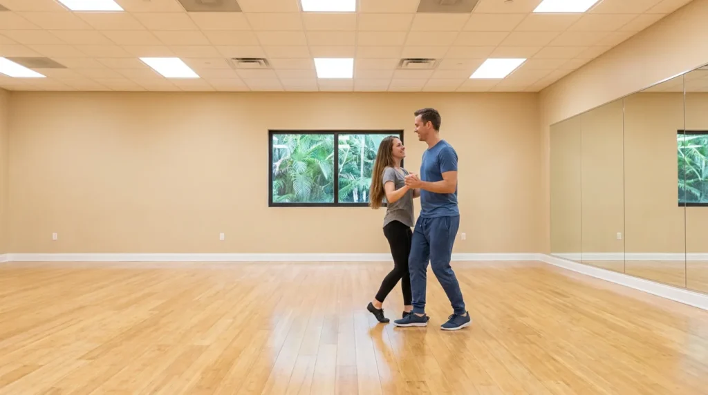 Couple dancing country two step in a Solana Beach studio