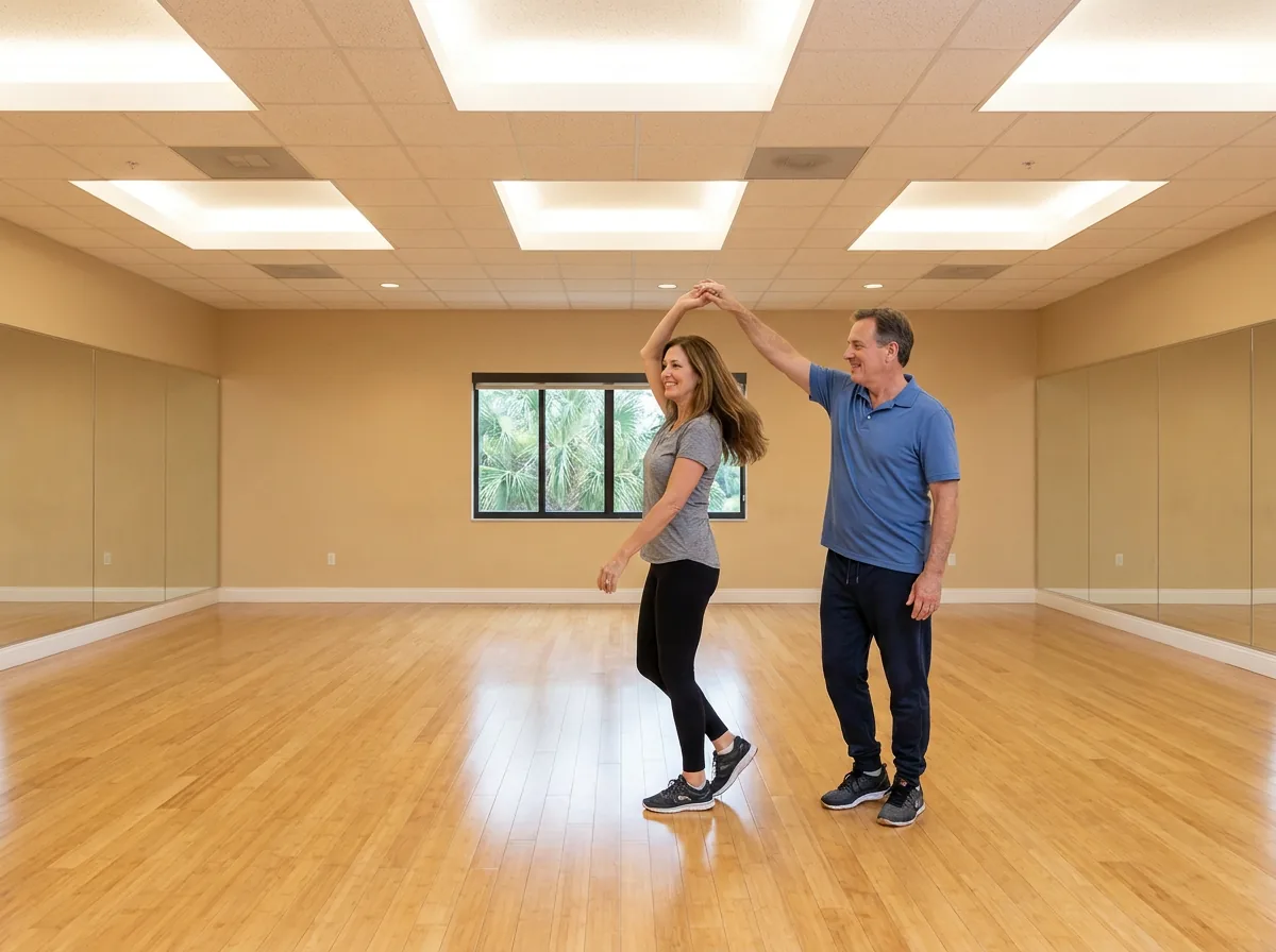 Instructor demonstrating country two step technique to a student in Solana Beach
